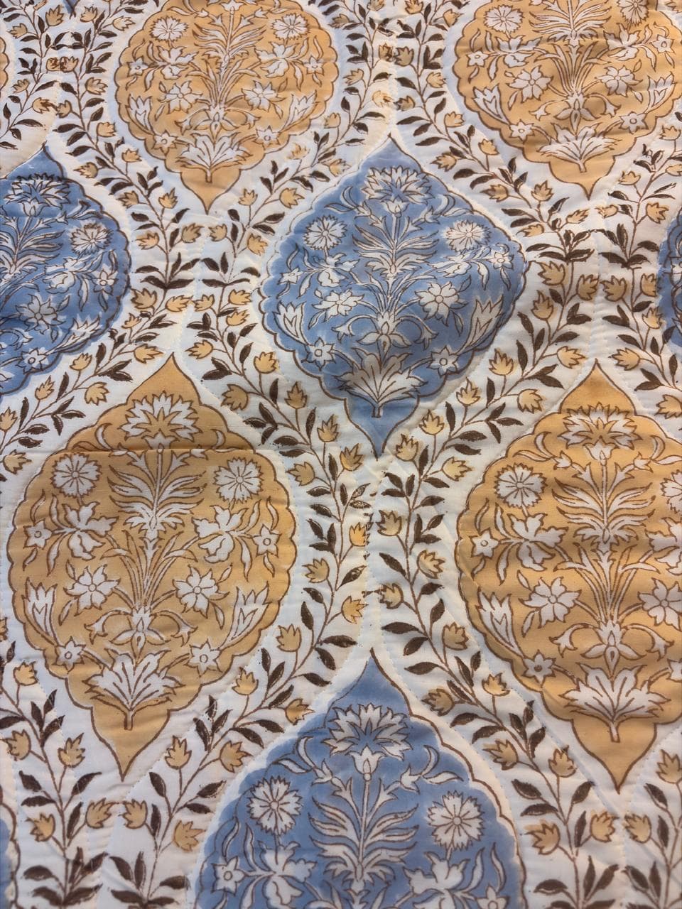 Blue & Mustard Floral Cotton Mulmul Bedcover