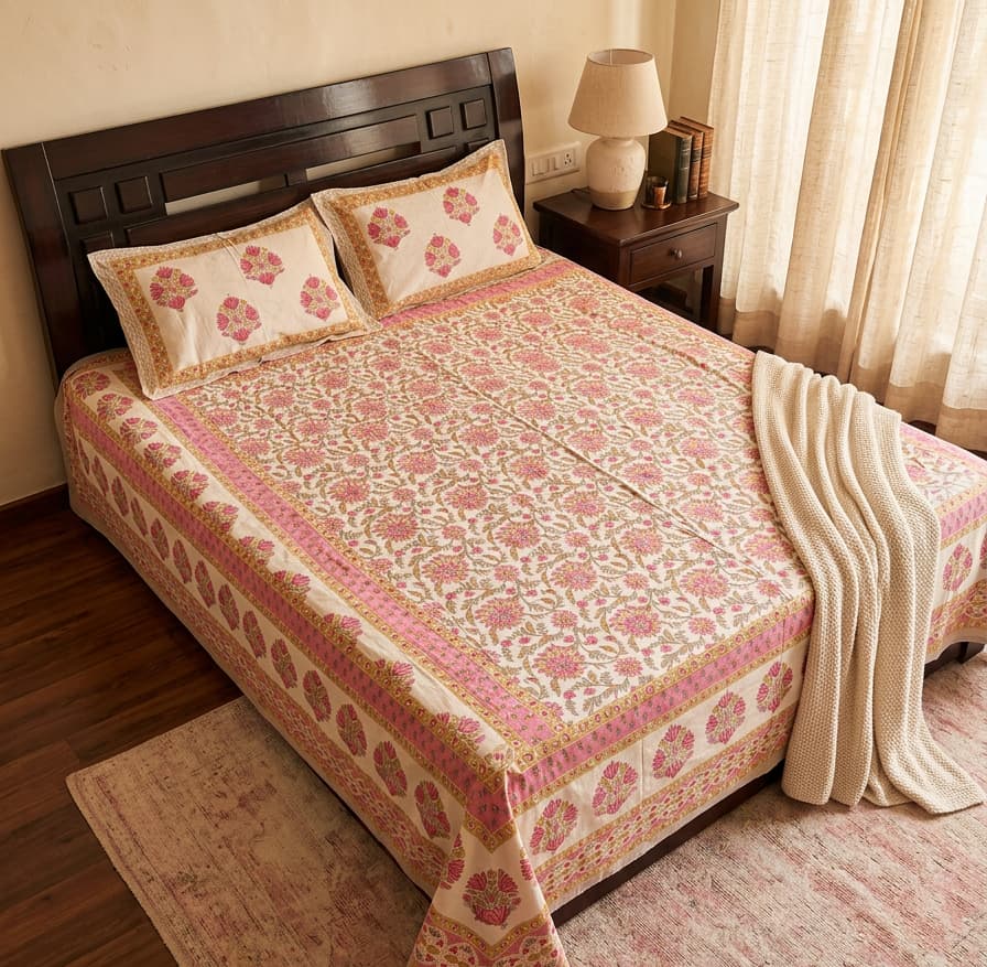 Pink floral bedsheet from Emenaura, showing a close-up view of the soft fabric with vibrant flower patterns and delicate details.