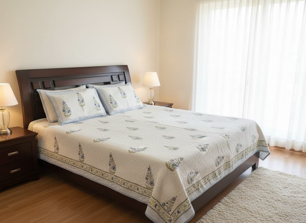 Powder Blue & White Hand Block Print Bed Cover - Emenaura