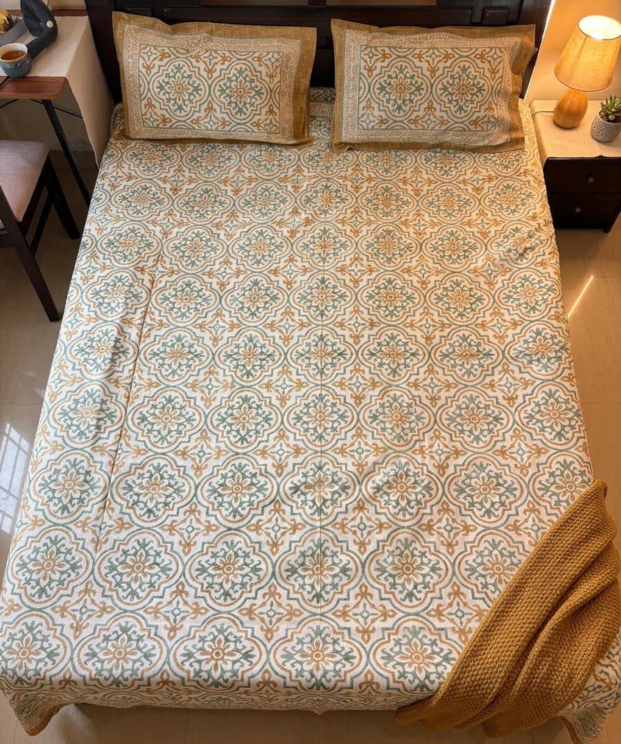 Emenaura Heritage Motif cotton bedsheet with intricate traditional patterns, shown from upper view.