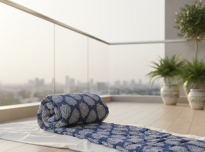 Blue & White Hand Block Cotton Quilt - Emenaura