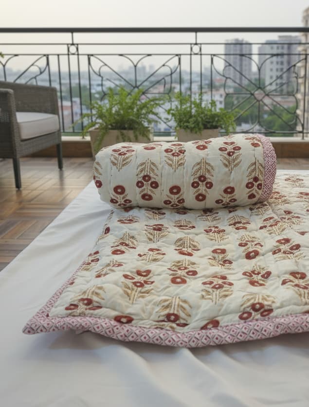 Red & Off White Cotton Quilt - Emenaura