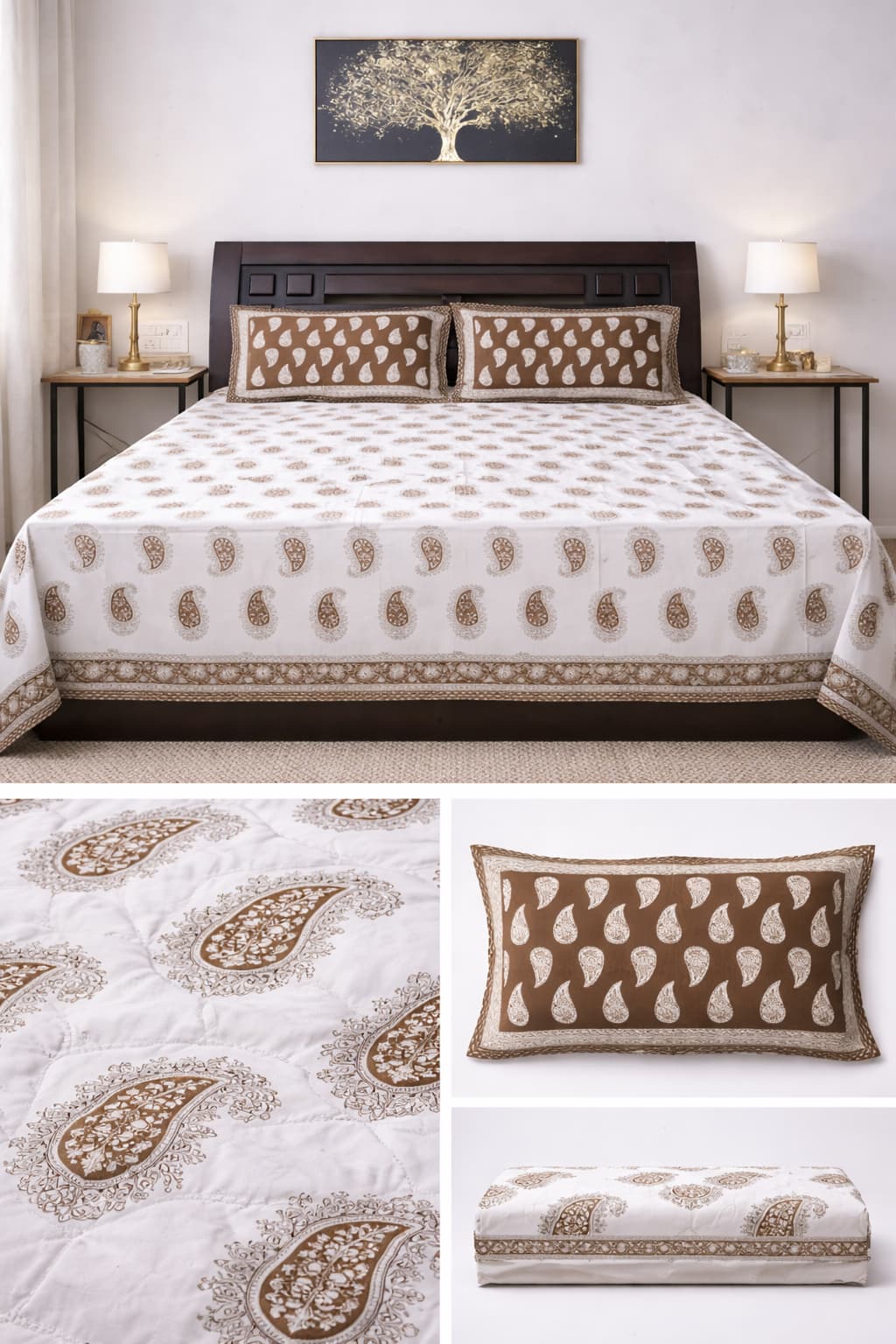 Brown & Beige block print bedsheet - Emenaura