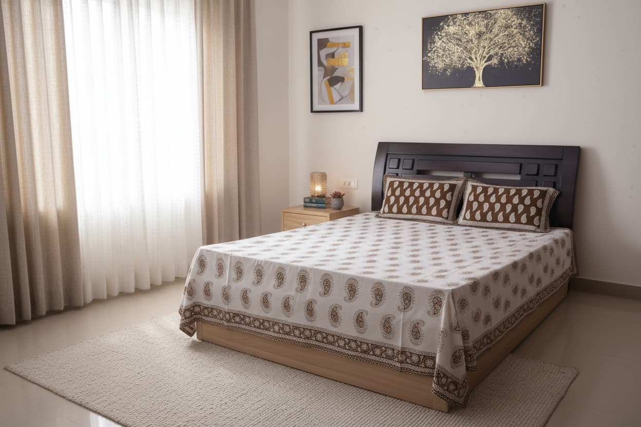 Brown & Beige block print bedsheet - Emenaura