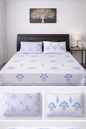 Percale Cotton Block Print bedsheet-White Base with Blue Prints - Emenaura