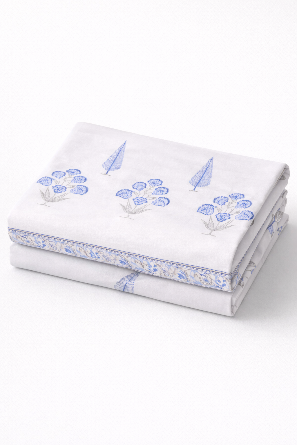 Percale Cotton Block Print bedsheet-White Base with Blue Prints - Emenaura