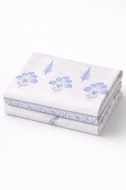 Percale Cotton Block Print bedsheet-White Base with Blue Prints - Emenaura