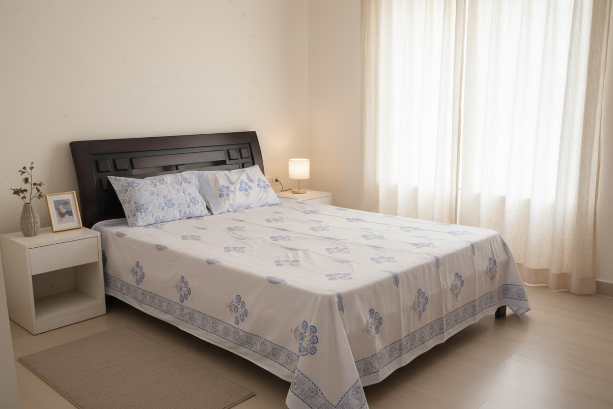 Percale Cotton Block Print bedsheet-White Base with Blue Prints - Emenaura