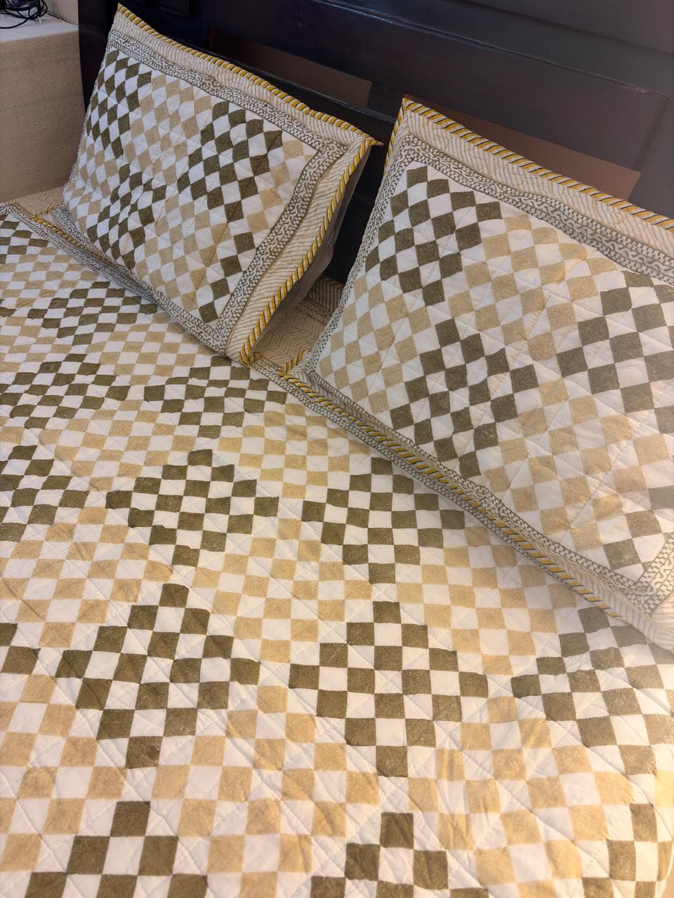 Olive & Beige Checkered Cotton Mulmul Lined Bedcover