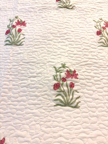 White Floral Cotton Mulmul Lined Bedcover