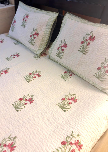 White Floral Cotton Mulmul Lined Bedcover