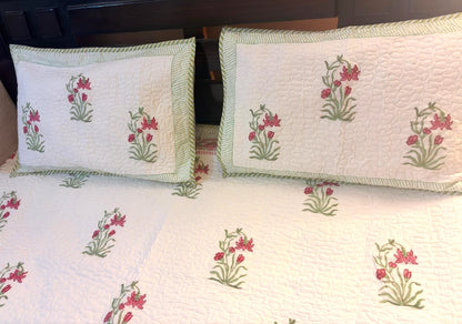 White Floral Cotton Mulmul Lined Bedcover