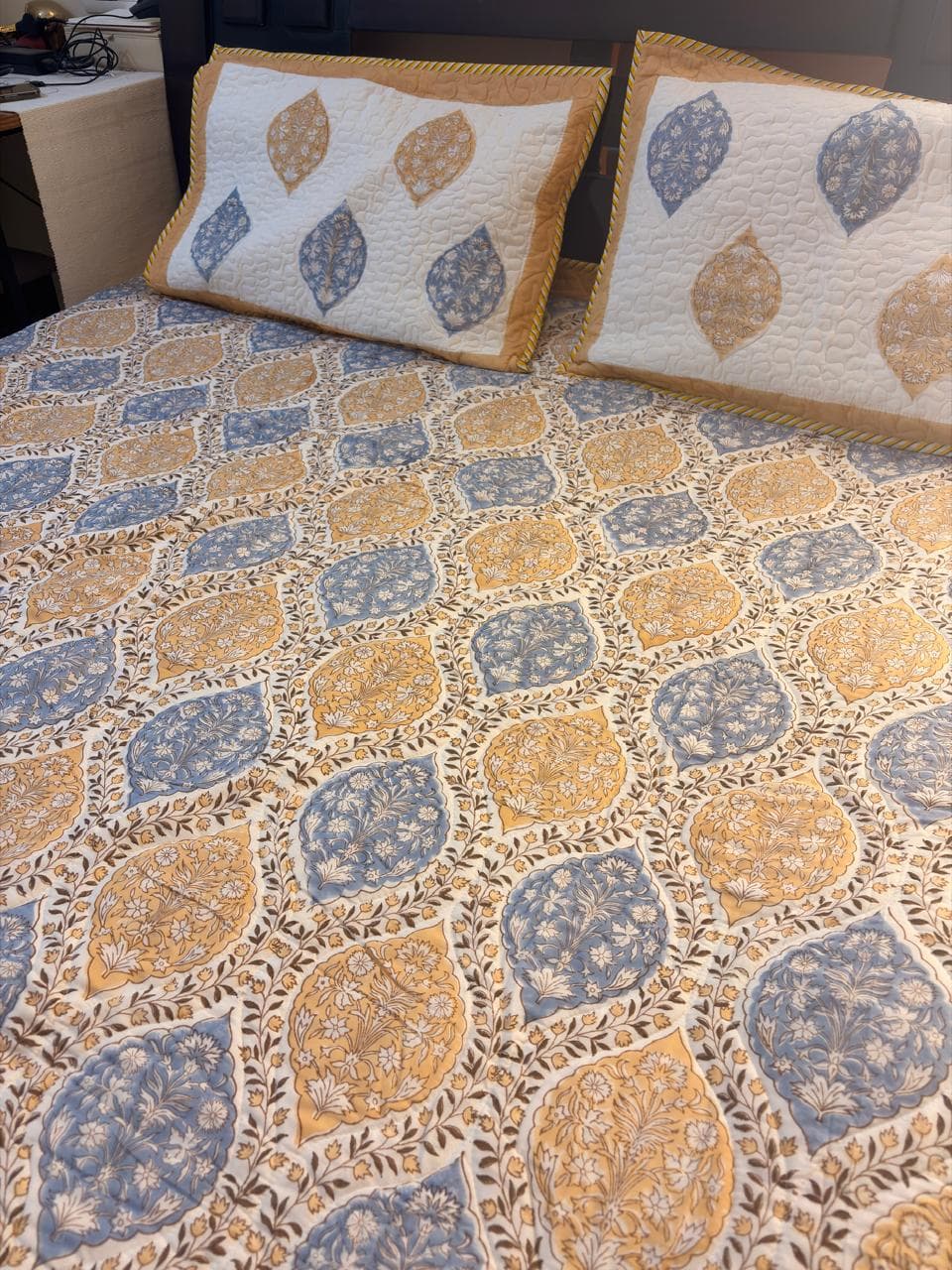 Blue & Mustard Floral Cotton Mulmul Bedcover