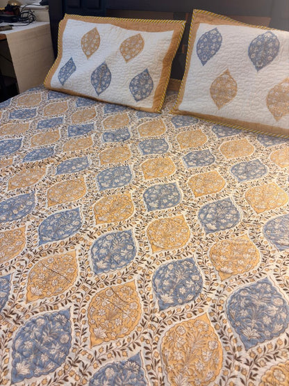 Blue & Mustard Floral Cotton Mulmul Bedcover