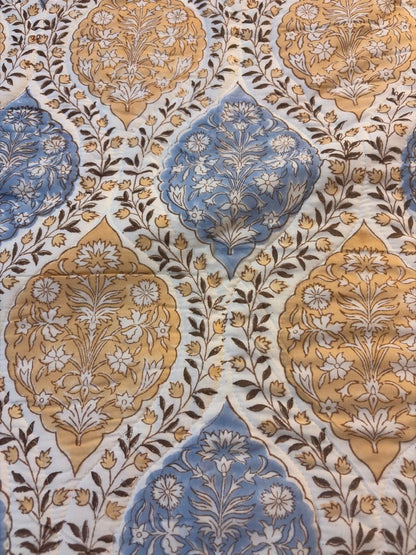 Blue & Mustard Floral Cotton Mulmul Bedcover