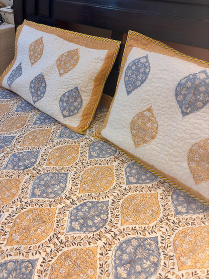 Blue & Mustard Floral Cotton Mulmul Bedcover