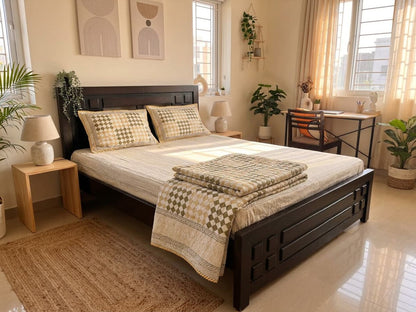 Olive & Beige Checkered Cotton Mulmul Lined Bedcover