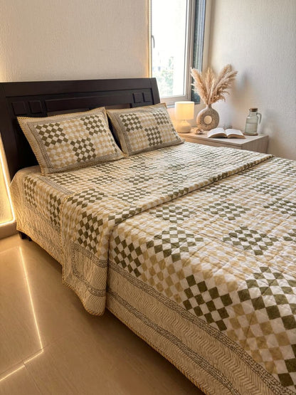 Olive & Beige Checkered Cotton Mulmul Lined Bedcover