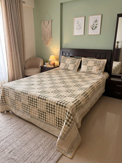 Olive & Beige Checkered Cotton Mulmul Lined Bedcover