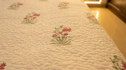 White Floral Cotton Mulmul Lined Bedcover