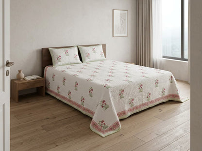 White Floral Cotton Mulmul Lined Bedcover