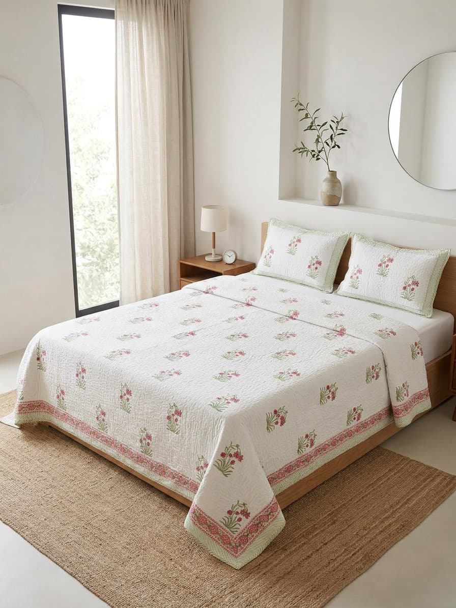 White Floral Cotton Mulmul Lined Bedcover