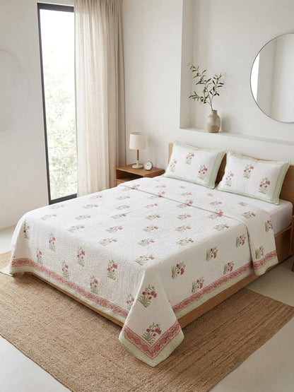White Floral Cotton Mulmul Lined Bedcover
