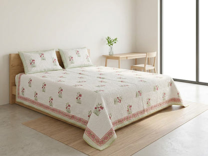 White Floral Cotton Mulmul Lined Bedcover