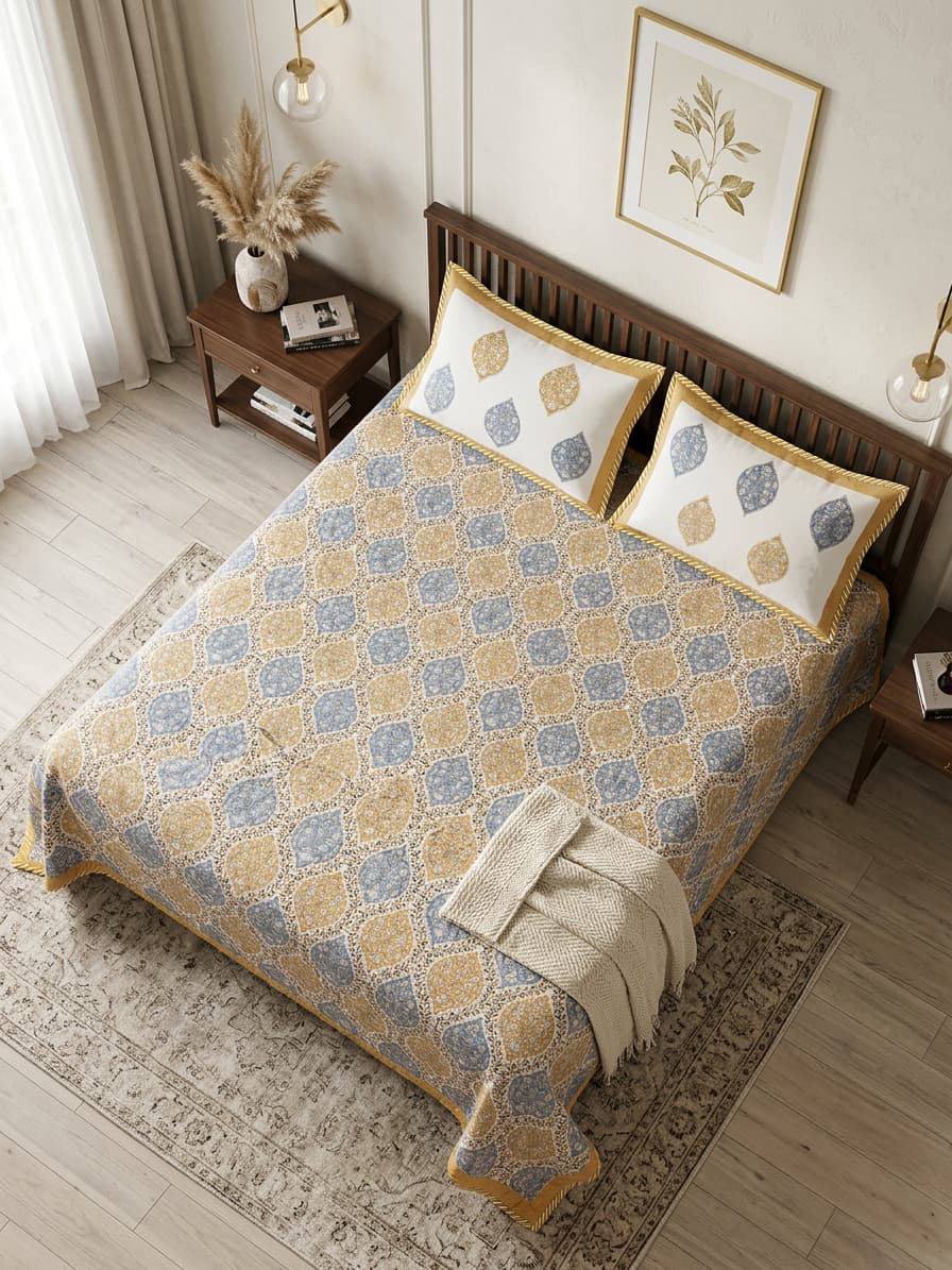 Blue & Mustard Floral Cotton Mulmul Bedcover