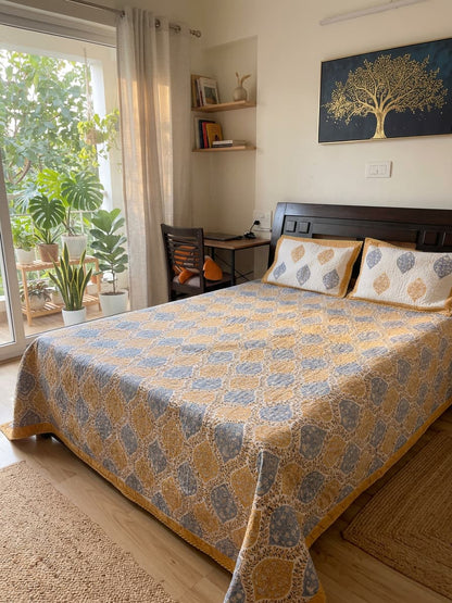 Blue & Mustard Floral Cotton Mulmul Bedcover