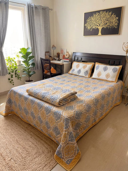 Blue & Mustard Floral Cotton Mulmul Bedcover