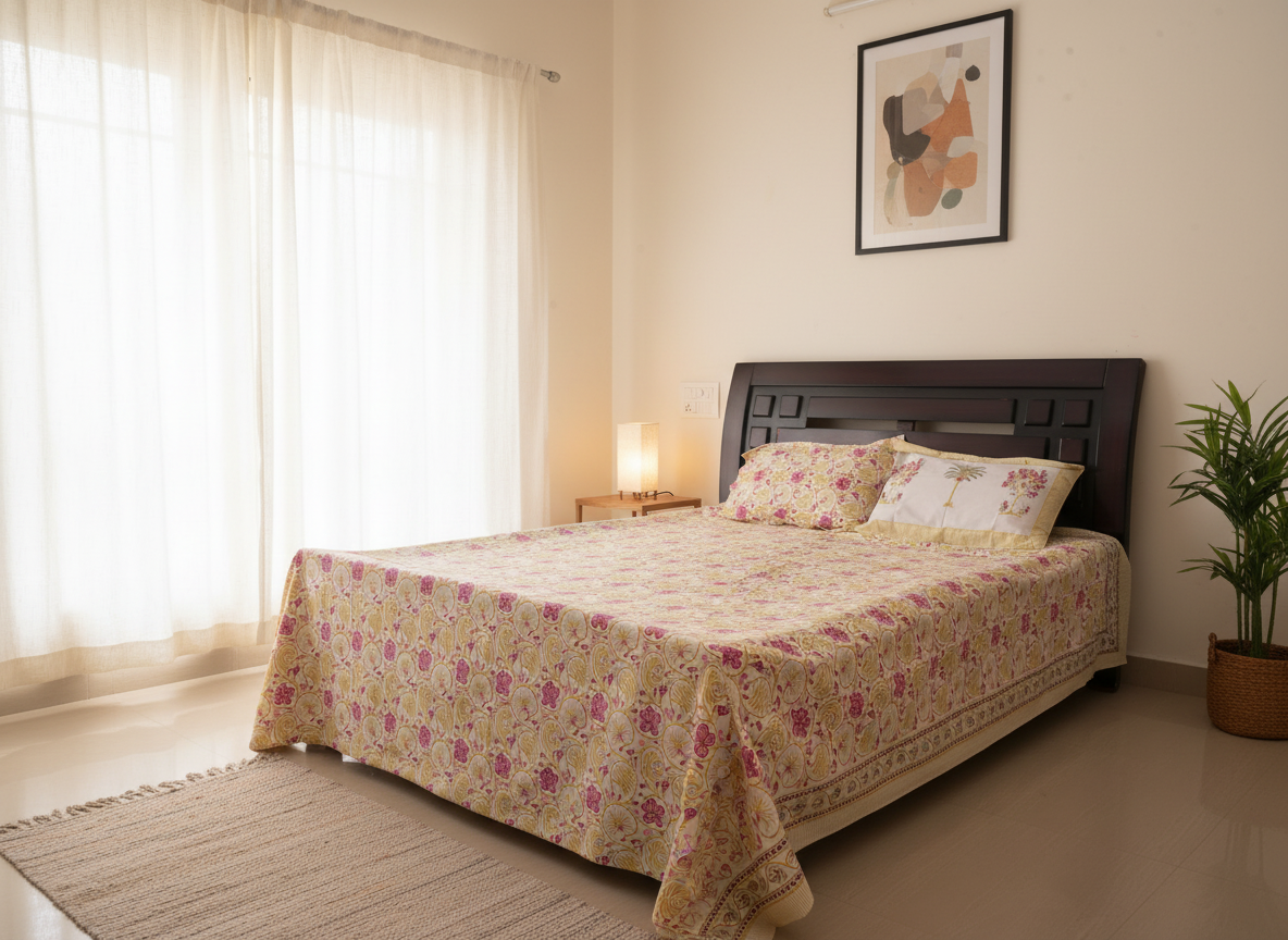 Yellow–Pink Floral Percale Cotton Bedsheet - Emenaura