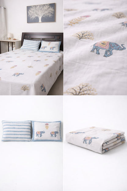 Elephant & Floral Motif Block Print Bedsheet - Emenaura
