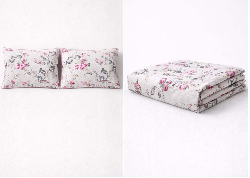 Pink Floral Print Bedsheet- Pure Cotton - Emenaura