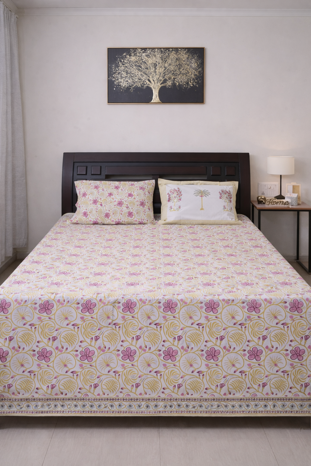 Yellow–Pink Floral Percale Cotton Bedsheet - Emenaura