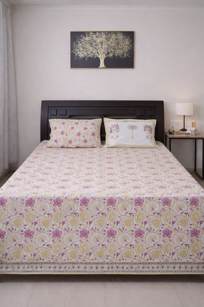 Yellow–Pink Floral Percale Cotton Bedsheet - Emenaura