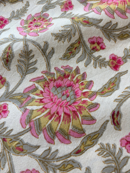 Pink floral bedsheet from Emenaura with soft fabric and vibrant flower pattern, shown spread out on a bed.