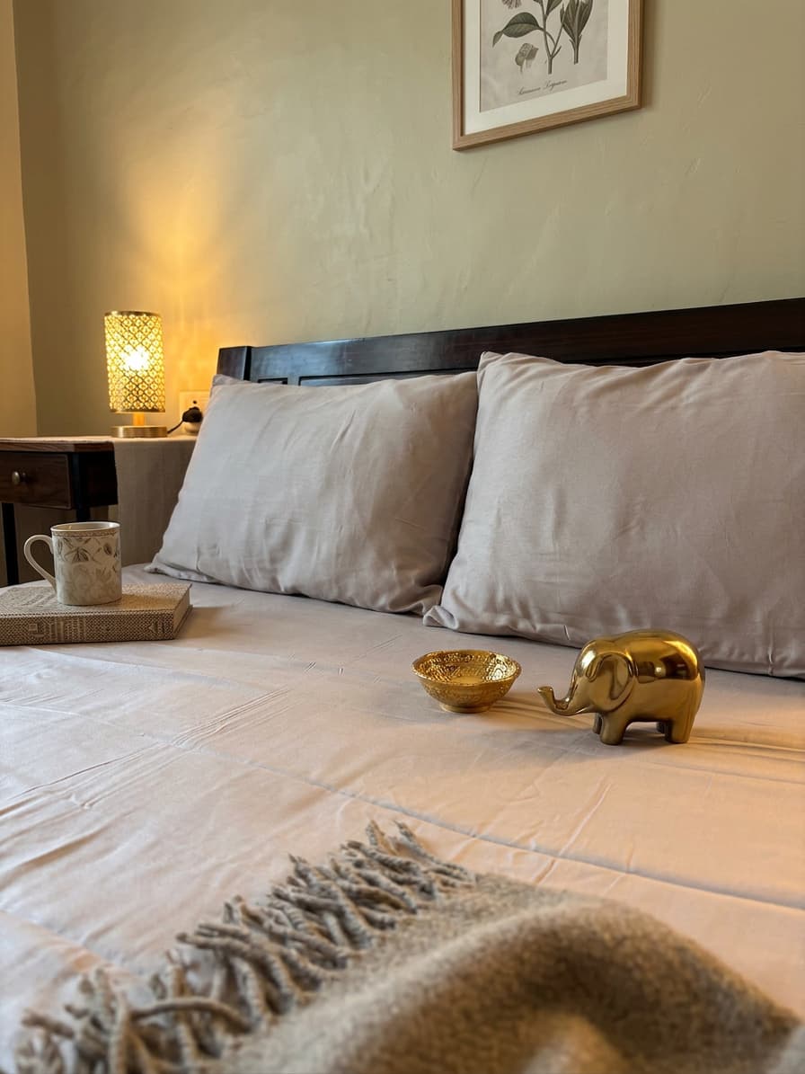 Beige bamboo bedsheet from Emenaura showcasing soft, smooth fabric and neatly folded edges for a cozy bedroom look.