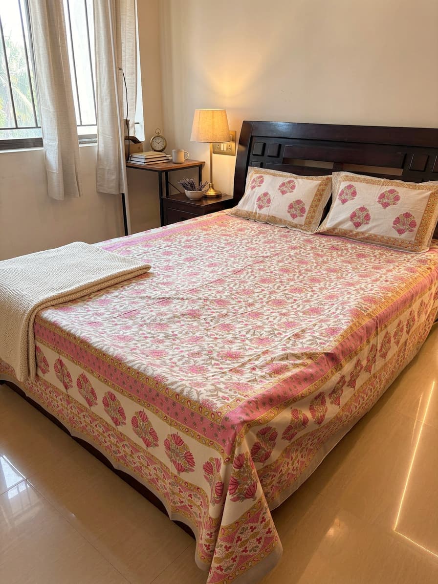 Pink floral bedsheet from Emenaura with a delicate flower pattern, neatly spread on a bed for a cozy and stylish look.