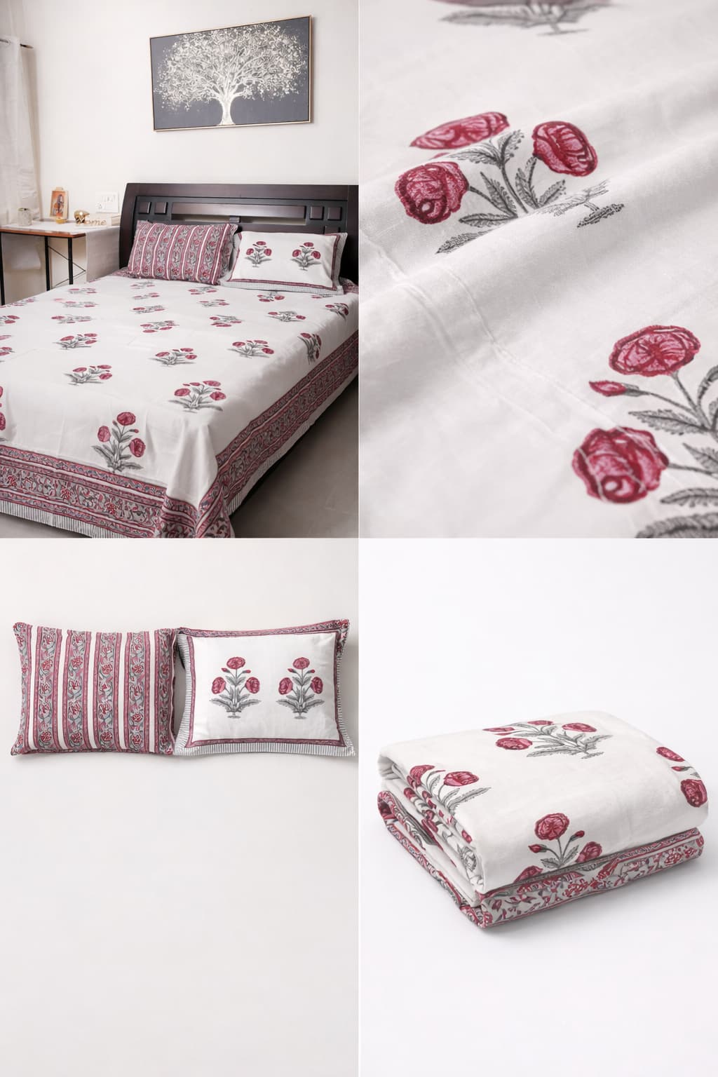 Red and White floral pattern block print bedsheet - Emenaura