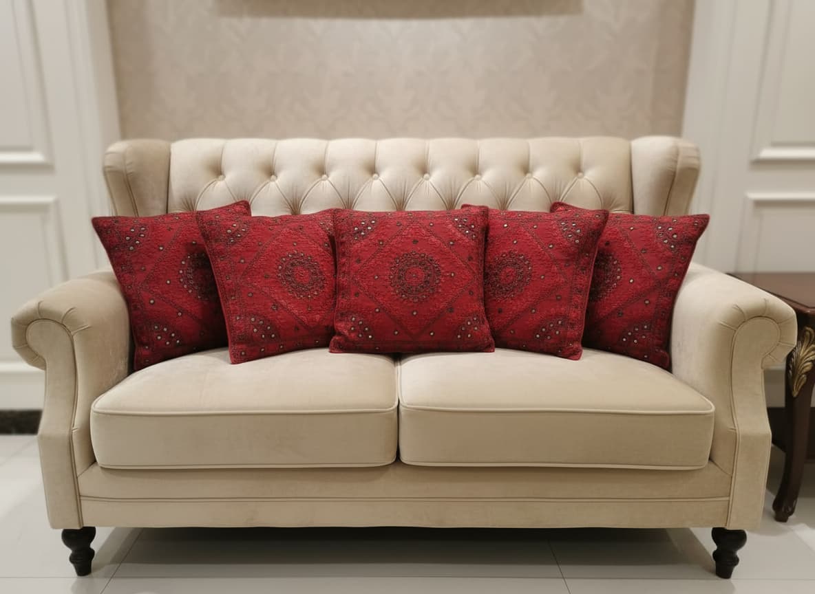 Beige one-hand block printed bedsheet set with two embroidered cushion covers from Emenaura, perfect for festive home decor.