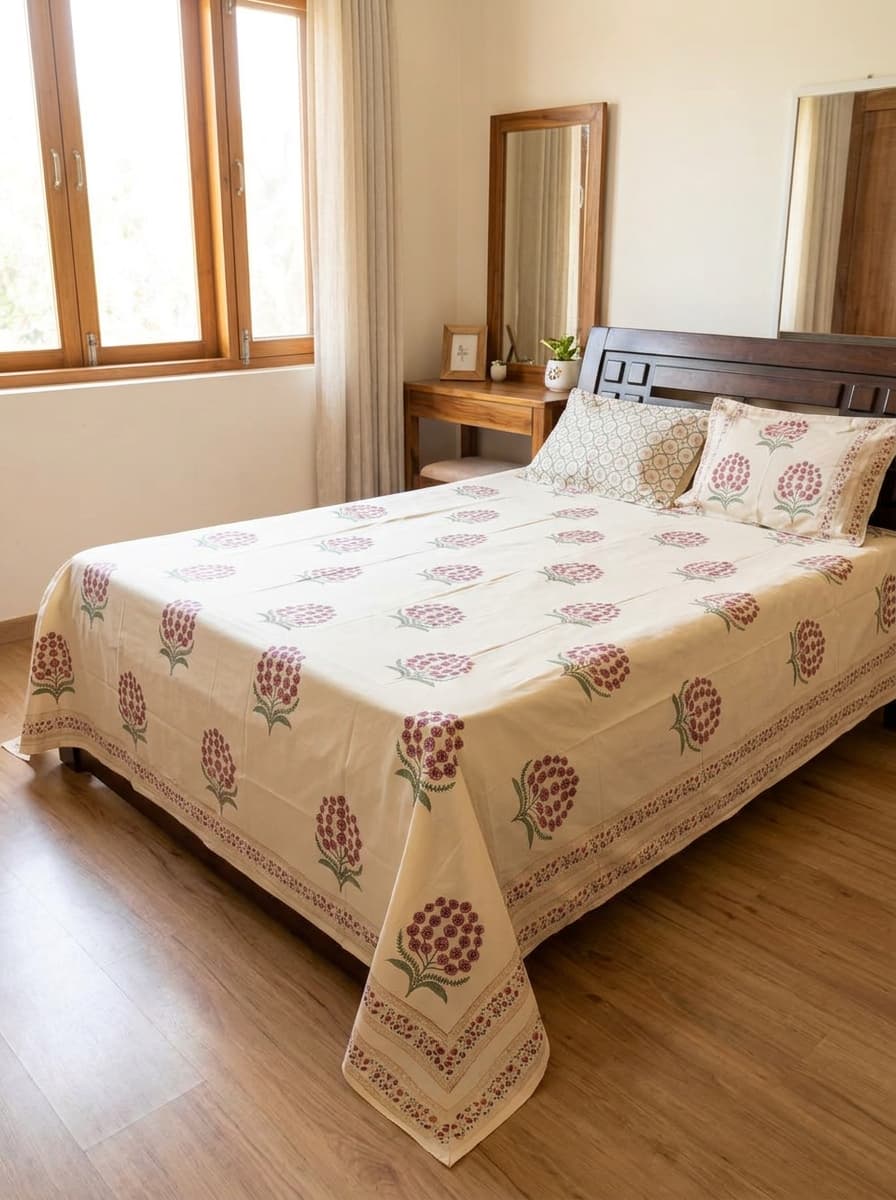 Beige Floral Printed Percale Cotton Bedsheet