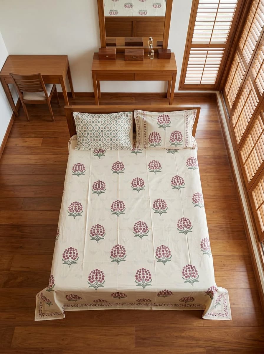 Beige Floral Printed Percale Cotton Bedsheet