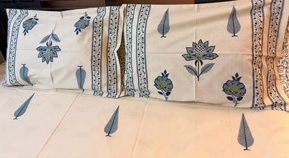 Beige & Blue Floral Printed Percale Cotton Bedsheet