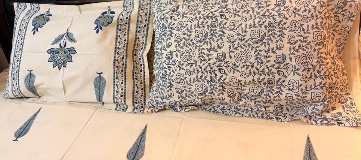 Beige & Blue Floral Printed Percale Cotton Bedsheet