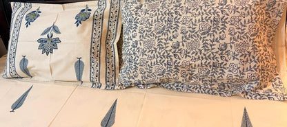 Beige & Blue Floral Printed Percale Cotton Bedsheet