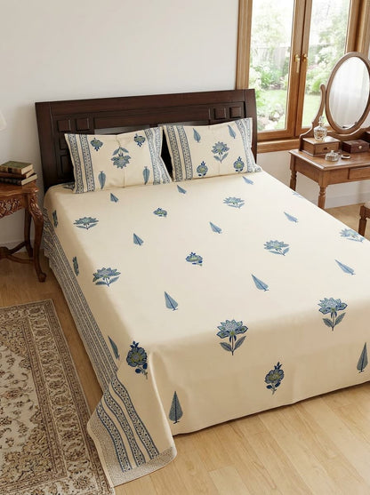 Beige & Blue Floral Printed Percale Cotton Bedsheet