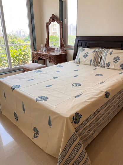 Beige & Blue Floral Printed Percale Cotton Bedsheet