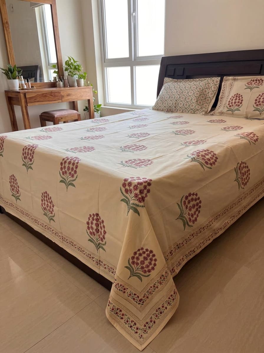 Beige Floral Printed Percale Cotton Bedsheet