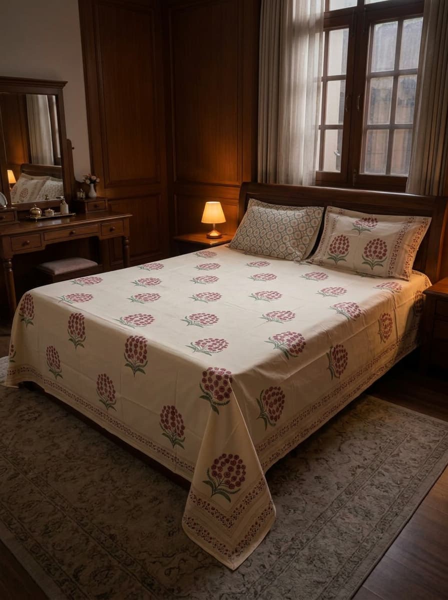 Beige Floral Printed Percale Cotton Bedsheet
